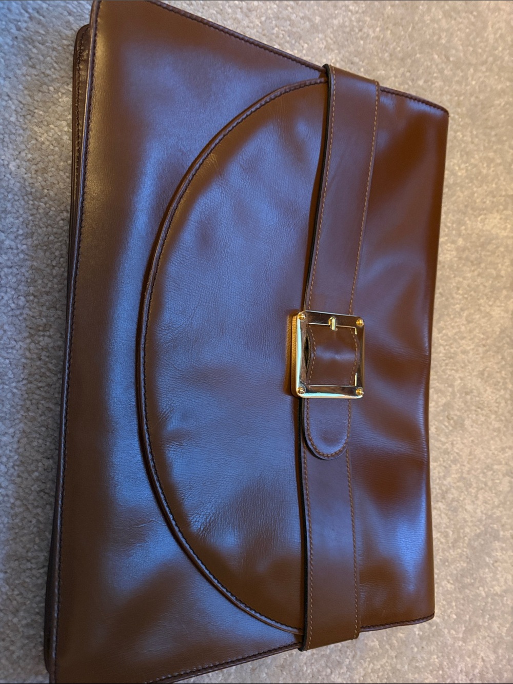 Vintage Loewe Brown Leather Envelope Clutch with Gold Buckle